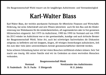 Anzeige von Karl-Walter Blass von Kölner Stadt-Anzeiger / Kölnische Rundschau / Express