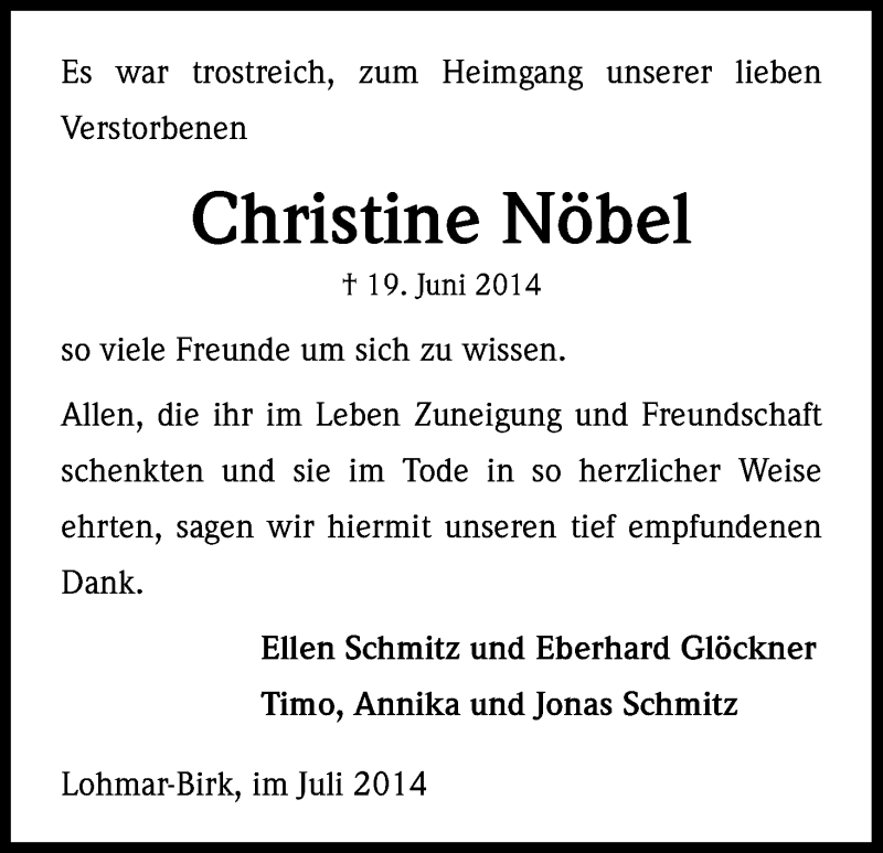  Traueranzeige für Christine Nöbel vom 26.07.2014 aus Kölner Stadt-Anzeiger / Kölnische Rundschau / Express