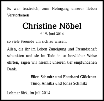 Anzeige von Christine Nöbel von Kölner Stadt-Anzeiger / Kölnische Rundschau / Express