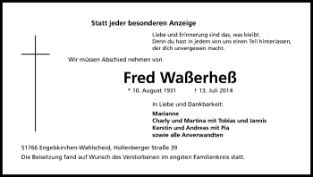 Anzeige von Fred Waßerheß von Kölner Stadt-Anzeiger / Kölnische Rundschau / Express