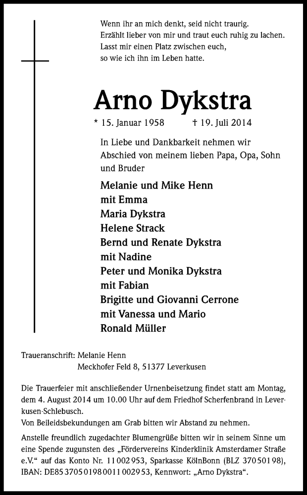  Traueranzeige für Arno Dykstra vom 26.07.2014 aus Kölner Stadt-Anzeiger / Kölnische Rundschau / Express