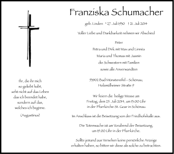 Anzeige von Franziska Schumacher von Kölner Stadt-Anzeiger / Kölnische Rundschau / Express