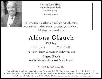 Anzeige von Alfons Glauch von Kölner Stadt-Anzeiger / Kölnische Rundschau / Express