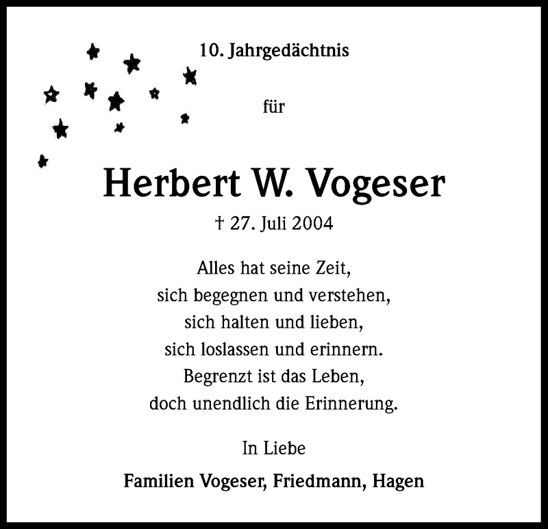  Traueranzeige für Herbert W Vogeser vom 26.07.2014 aus Kölner Stadt-Anzeiger / Kölnische Rundschau / Express