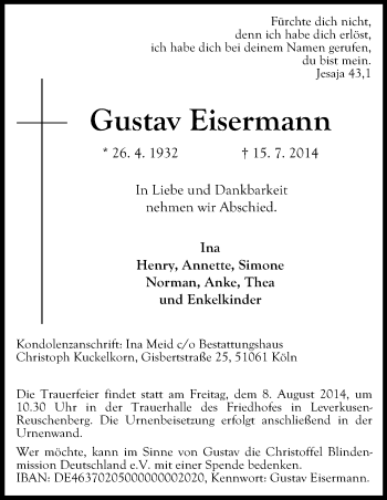 Anzeige von Gustav Eisermann von Kölner Stadt-Anzeiger / Kölnische Rundschau / Express