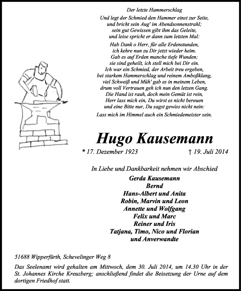  Traueranzeige für Hugo Kausemann vom 26.07.2014 aus Kölner Stadt-Anzeiger / Kölnische Rundschau / Express