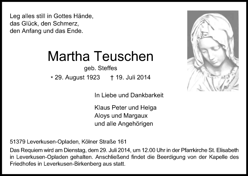  Traueranzeige für Martha Teuschen vom 24.07.2014 aus Kölner Stadt-Anzeiger / Kölnische Rundschau / Express