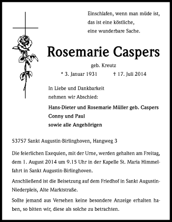 Anzeige von Rosemarie Caspers von Kölner Stadt-Anzeiger / Kölnische Rundschau / Express