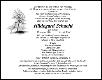 Anzeige von Hildegard Schacht von Kölner Stadt-Anzeiger / Kölnische Rundschau / Express