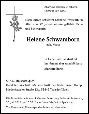 Anzeige von Helene Schwamborn von Kölner Stadt-Anzeiger / Kölnische Rundschau / Express