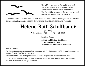 Anzeige von Helene Ruth Schiffbauer von Kölner Stadt-Anzeiger / Kölnische Rundschau / Express