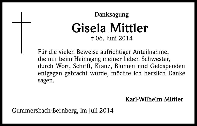  Traueranzeige für Gisela Mittler vom 24.07.2014 aus Kölner Stadt-Anzeiger / Kölnische Rundschau / Express