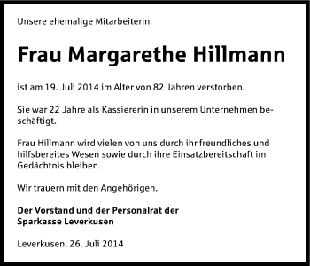 Anzeige von Margarethe Hillmann von Kölner Stadt-Anzeiger / Kölnische Rundschau / Express