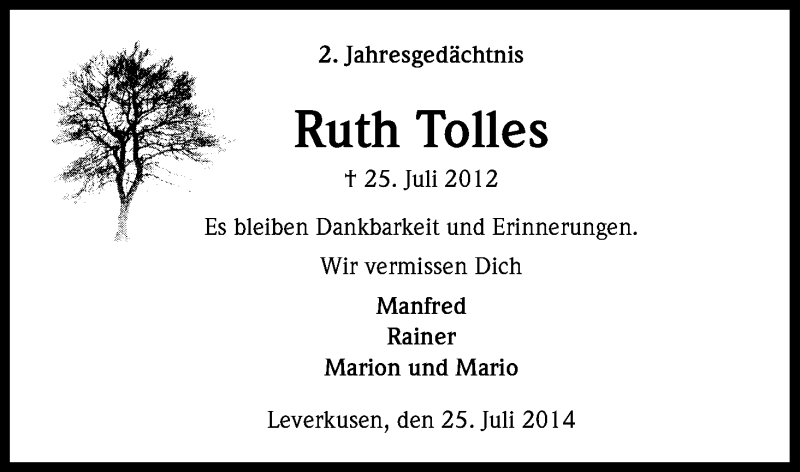  Traueranzeige für Ruth Tolles vom 25.07.2014 aus Kölner Stadt-Anzeiger / Kölnische Rundschau / Express