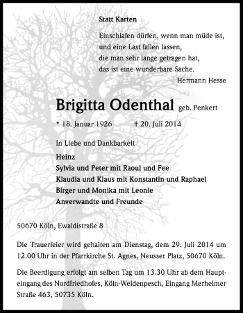 Anzeige von Brigitta Odenthal von Kölner Stadt-Anzeiger / Kölnische Rundschau / Express