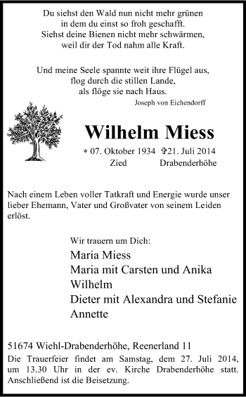 Anzeige von Wilhelm  Miess von Kölner Stadt-Anzeiger / Kölnische Rundschau / Express