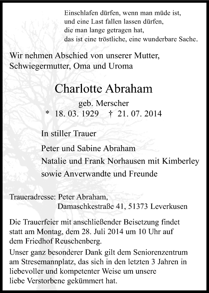  Traueranzeige für Charlotte Abraham vom 24.07.2014 aus Kölner Stadt-Anzeiger / Kölnische Rundschau / Express