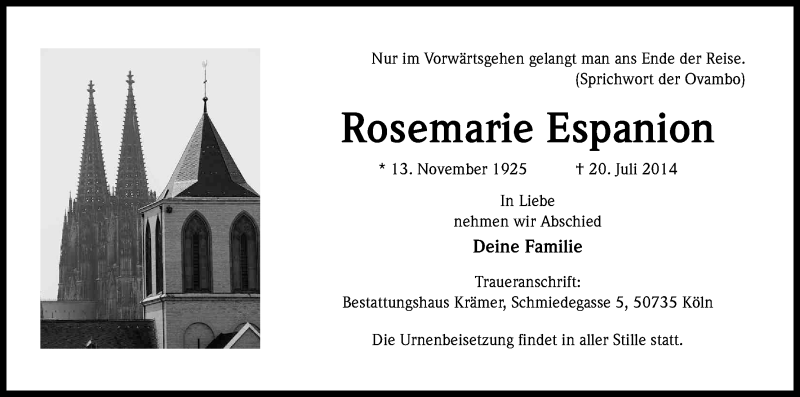  Traueranzeige für Rosemarie Espanion vom 26.07.2014 aus Kölner Stadt-Anzeiger / Kölnische Rundschau / Express