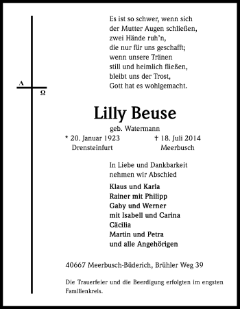 Anzeige von Lilly Beuse von Kölner Stadt-Anzeiger / Kölnische Rundschau / Express