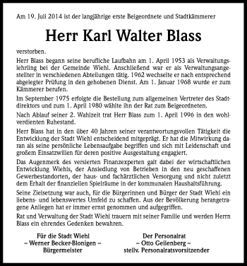 Anzeige von Karl Walter Blass von Kölner Stadt-Anzeiger / Kölnische Rundschau / Express