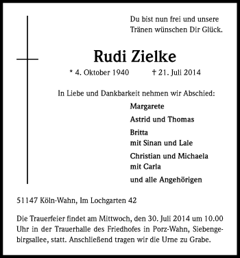 Anzeige von Rudi Zielke von Kölner Stadt-Anzeiger / Kölnische Rundschau / Express