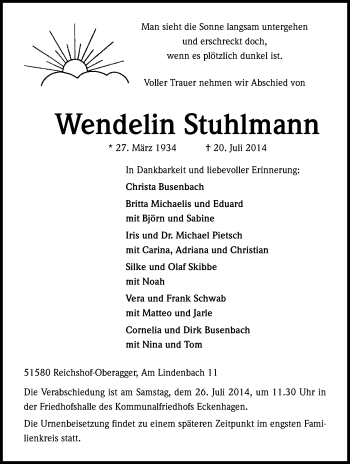 Anzeige von Wendelin Stuhlmann von Kölner Stadt-Anzeiger / Kölnische Rundschau / Express