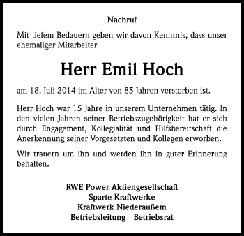 Anzeige von Emil Hoch von Kölner Stadt-Anzeiger / Kölnische Rundschau / Express