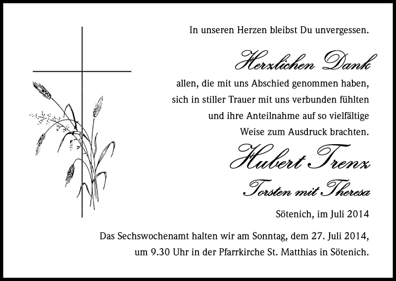  Traueranzeige für Hubert Trenz vom 24.07.2014 aus Kölner Stadt-Anzeiger / Kölnische Rundschau / Express
