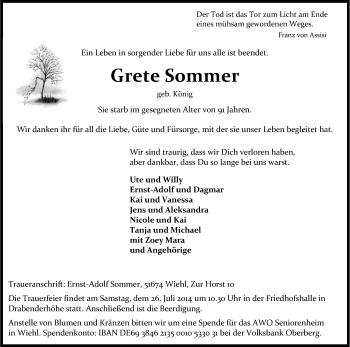 Anzeige von Grete Sommer von Kölner Stadt-Anzeiger / Kölnische Rundschau / Express