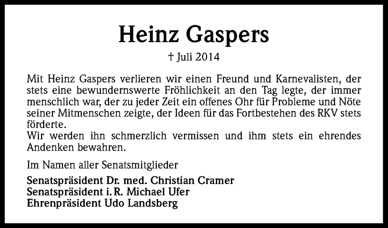  Traueranzeige für Heinz Gaspers vom 26.07.2014 aus Kölner Stadt-Anzeiger / Kölnische Rundschau / Express