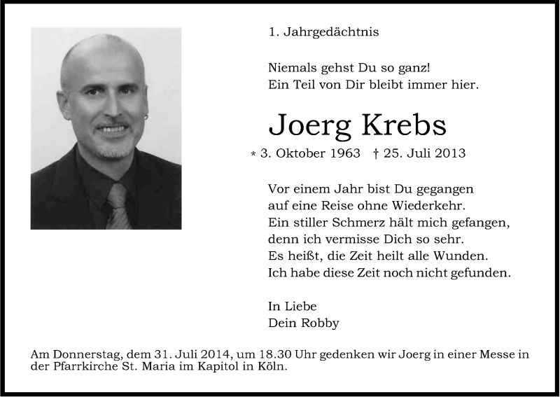  Traueranzeige für Joerg Krebs vom 25.07.2014 aus Kölner Stadt-Anzeiger / Kölnische Rundschau / Express