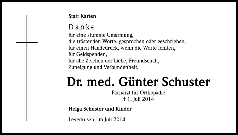  Traueranzeige für Günter Schuster vom 26.07.2014 aus Kölner Stadt-Anzeiger / Kölnische Rundschau / Express