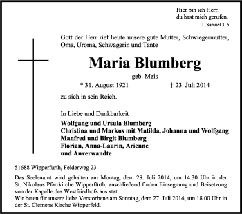 Anzeige von Maria Blumberg von Kölner Stadt-Anzeiger / Kölnische Rundschau / Express