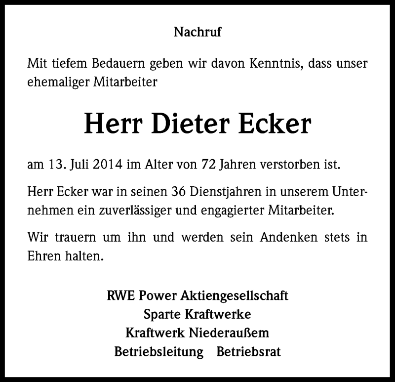  Traueranzeige für Dieter Ecker vom 28.07.2014 aus Kölner Stadt-Anzeiger / Kölnische Rundschau / Express