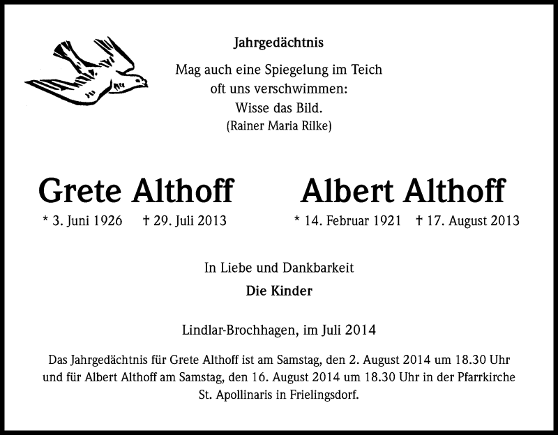  Traueranzeige für Albert Althoff vom 26.07.2014 aus Kölner Stadt-Anzeiger / Kölnische Rundschau / Express