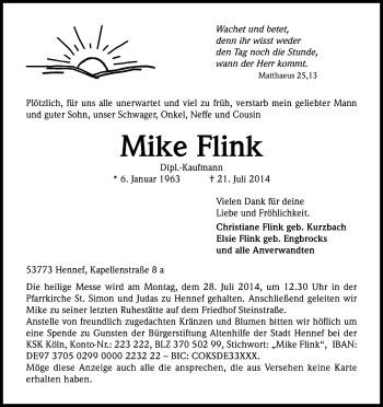 Anzeige von Mike Flink von Kölner Stadt-Anzeiger / Kölnische Rundschau / Express