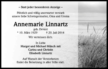 Anzeige von Annemarie Linnartz von Kölner Stadt-Anzeiger / Kölnische Rundschau / Express