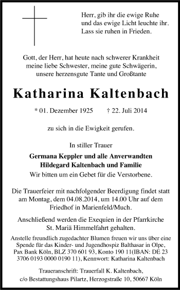Anzeige von Katharina Kaltenbach von Kölner Stadt-Anzeiger / Kölnische Rundschau / Express