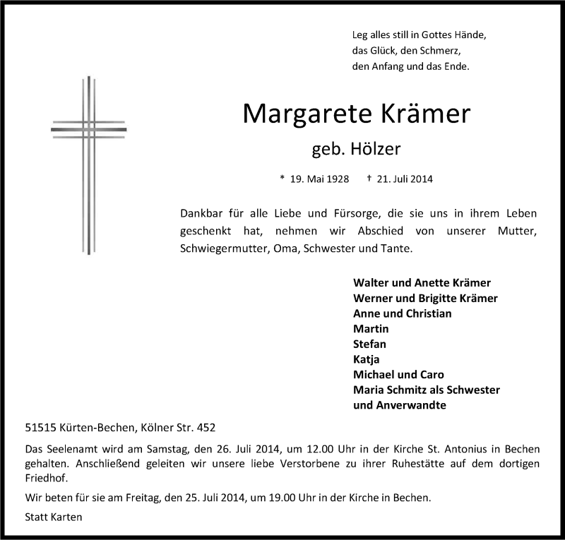  Traueranzeige für Margarete Krämer vom 24.07.2014 aus Kölner Stadt-Anzeiger / Kölnische Rundschau / Express