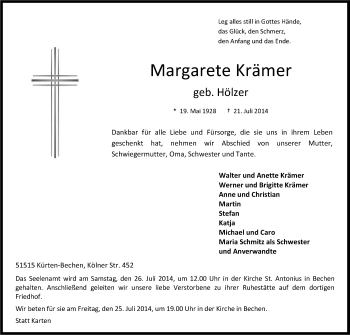 Anzeige von Margarete Krämer von Kölner Stadt-Anzeiger / Kölnische Rundschau / Express