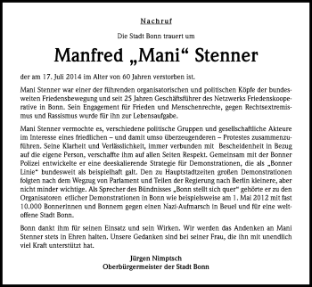 Anzeige von Manfred Stenner von Kölner Stadt-Anzeiger / Kölnische Rundschau / Express