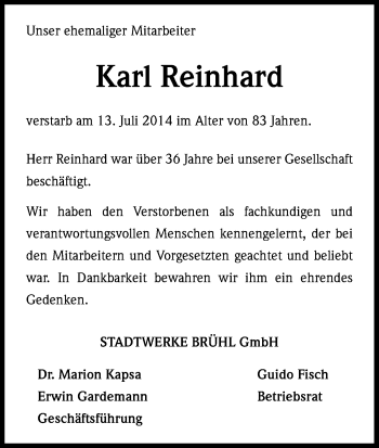 Anzeige von Karl Reinhard von Kölner Stadt-Anzeiger / Kölnische Rundschau / Express