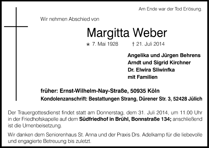  Traueranzeige für Margitta Weber vom 26.07.2014 aus Kölner Stadt-Anzeiger / Kölnische Rundschau / Express