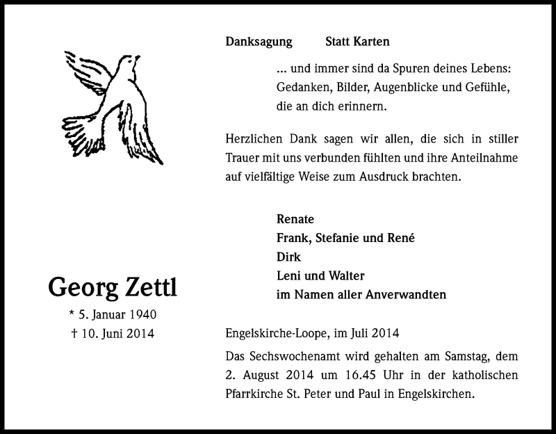  Traueranzeige für Georg Zettl vom 26.07.2014 aus Kölner Stadt-Anzeiger / Kölnische Rundschau / Express