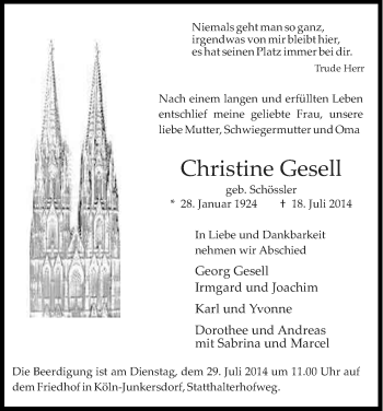 Anzeige von Christine Gesell von Kölner Stadt-Anzeiger / Kölnische Rundschau / Express