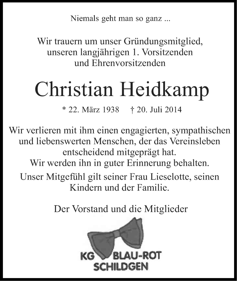  Traueranzeige für Christian Heidkamp vom 26.07.2014 aus Kölner Stadt-Anzeiger / Kölnische Rundschau / Express