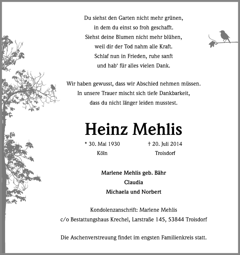  Traueranzeige für Heinz Mehlis vom 26.07.2014 aus Kölner Stadt-Anzeiger / Kölnische Rundschau / Express
