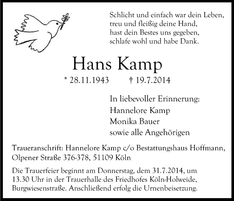  Traueranzeige für Hans Kamp vom 26.07.2014 aus Kölner Stadt-Anzeiger / Kölnische Rundschau / Express
