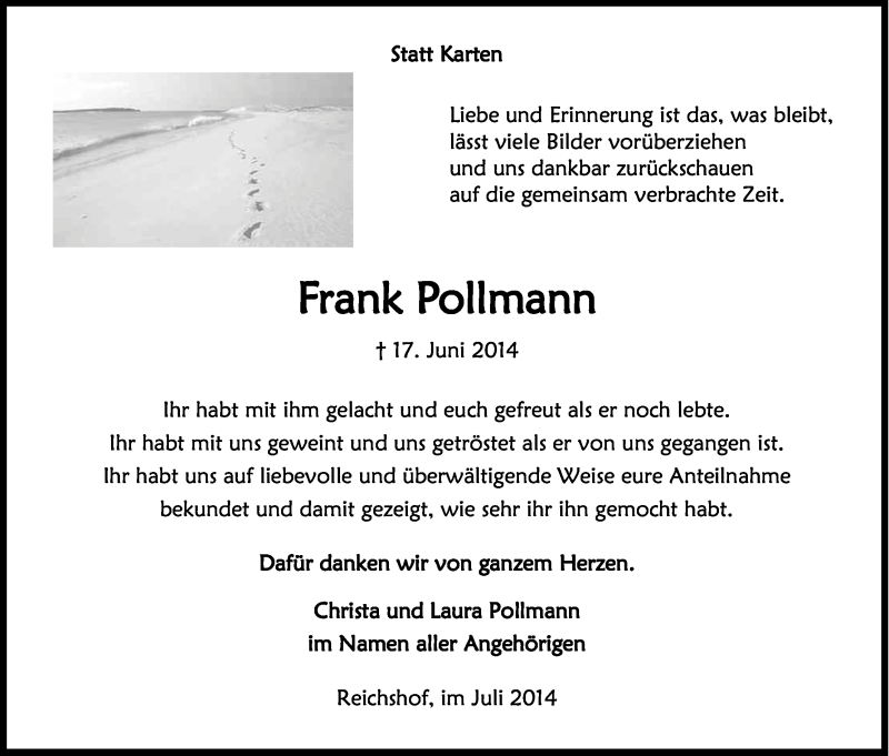  Traueranzeige für Frank Pollmann vom 26.07.2014 aus Kölner Stadt-Anzeiger / Kölnische Rundschau / Express