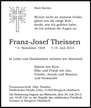 Anzeige von Franz-Josef Theissen von Kölner Stadt-Anzeiger / Kölnische Rundschau / Express